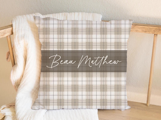 Neutral Plaid Personalized Pillow