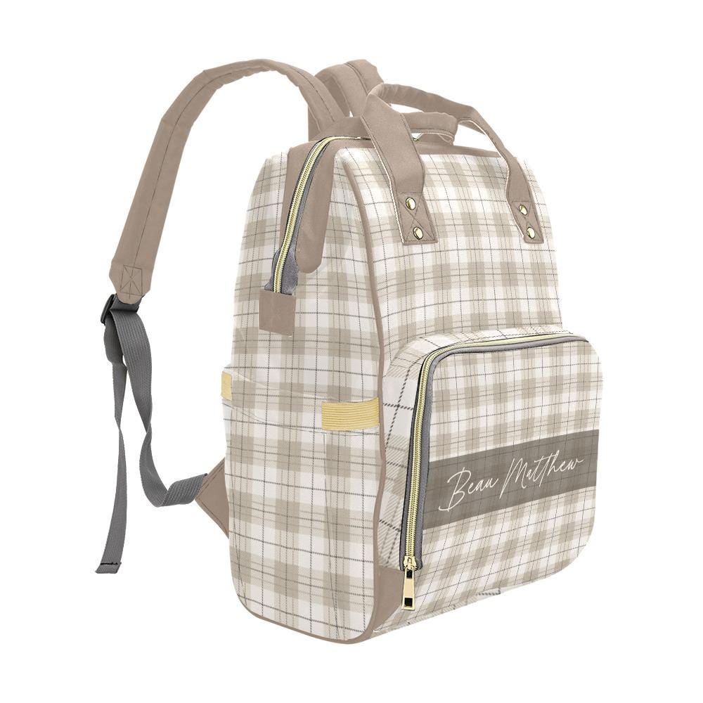 Neutral Plaid Personalized Diaper Bag