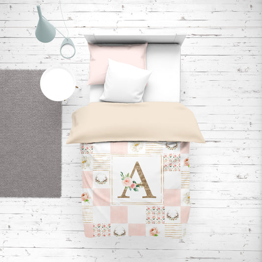 Blush Florals with Letter Personalized Duvet Cover Set for Girl