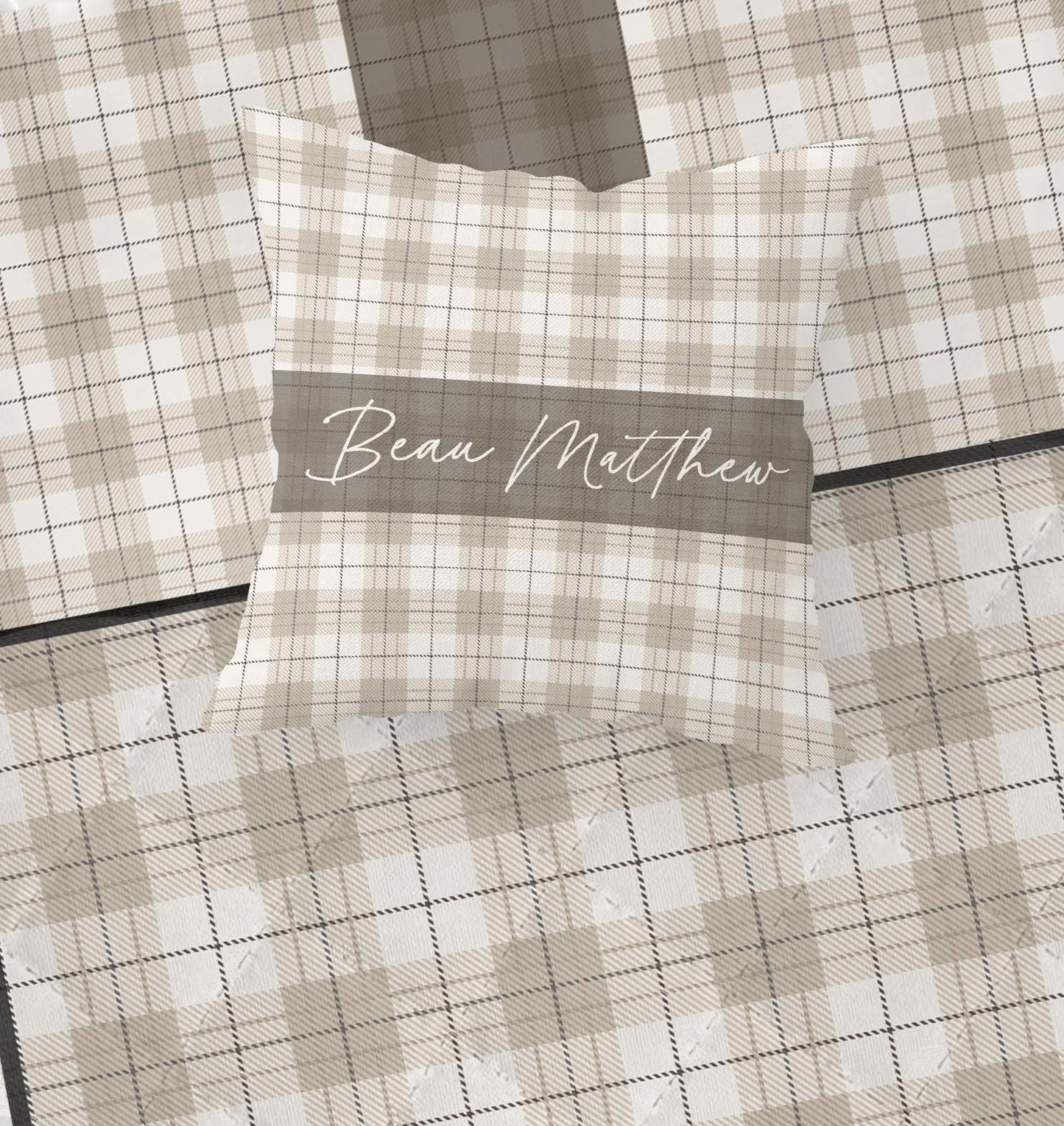 Neutral Plaid Personalized Pillow
