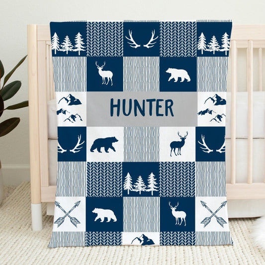 Navy Blue Woodland Personalized Blanket For Boy