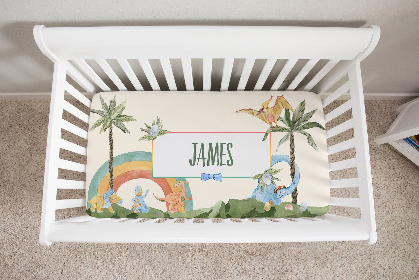 Happy Dinos Personalized Crib Sheet for Boy