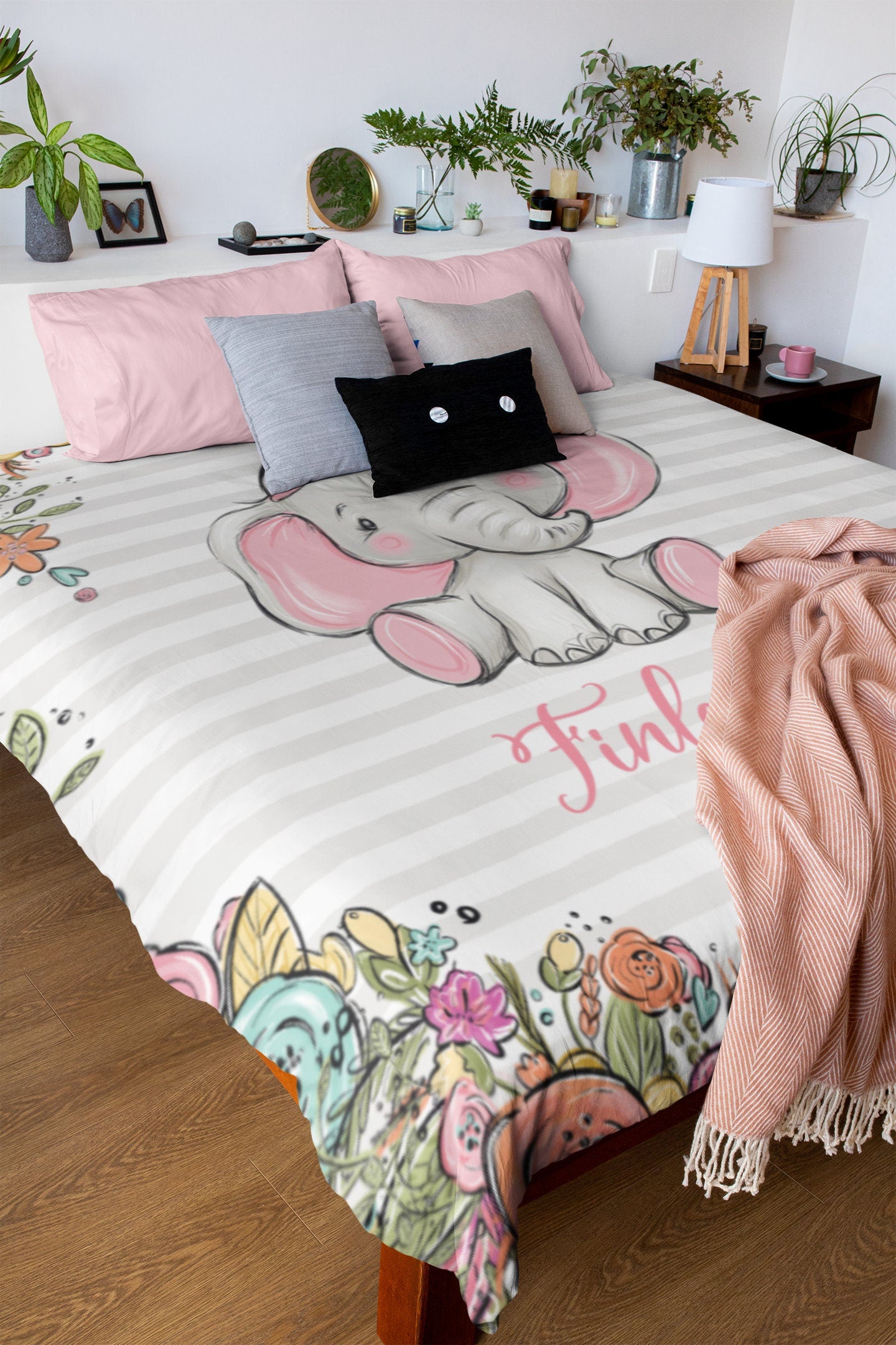 Blush Florals with Happy Elephant Personalized Duvet Cover Set for Girl
