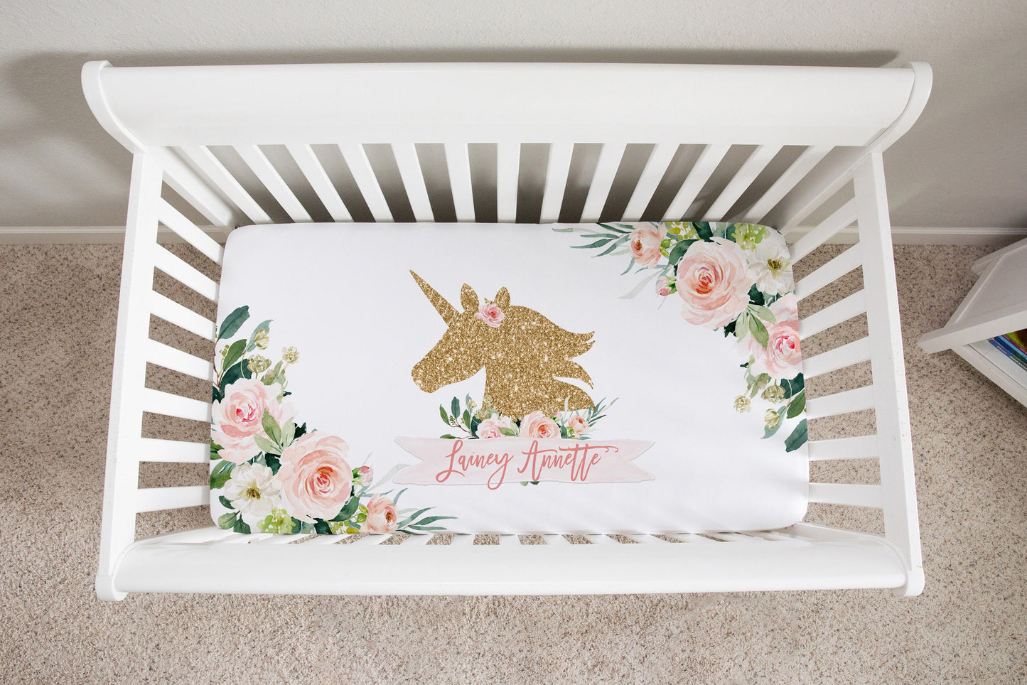 Blush Florals with Unicorn Personalized Crib Sheet for Girl