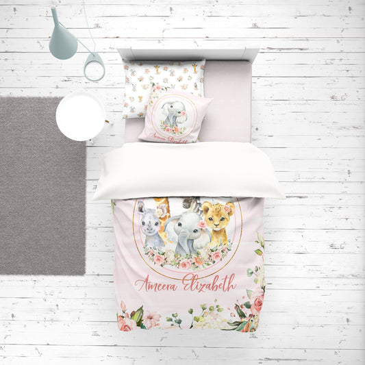 Roses Garden with Safari Animals Personalized Duvet Cover Set for Girl