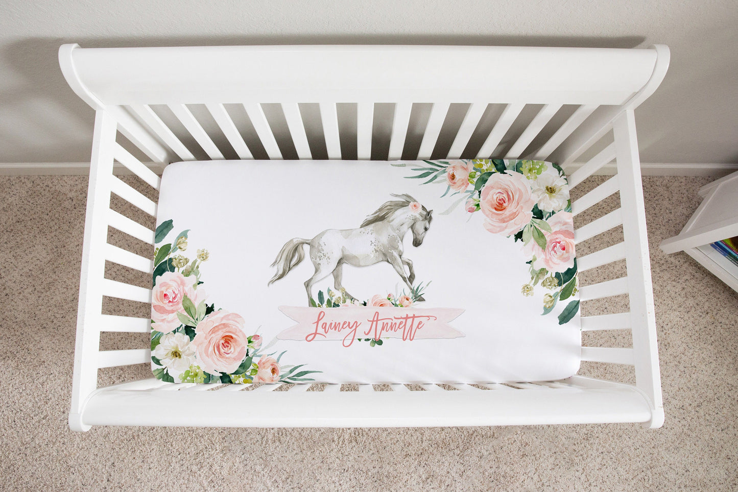 Blush Florals with Horses Personalized Crib Sheet for Girl