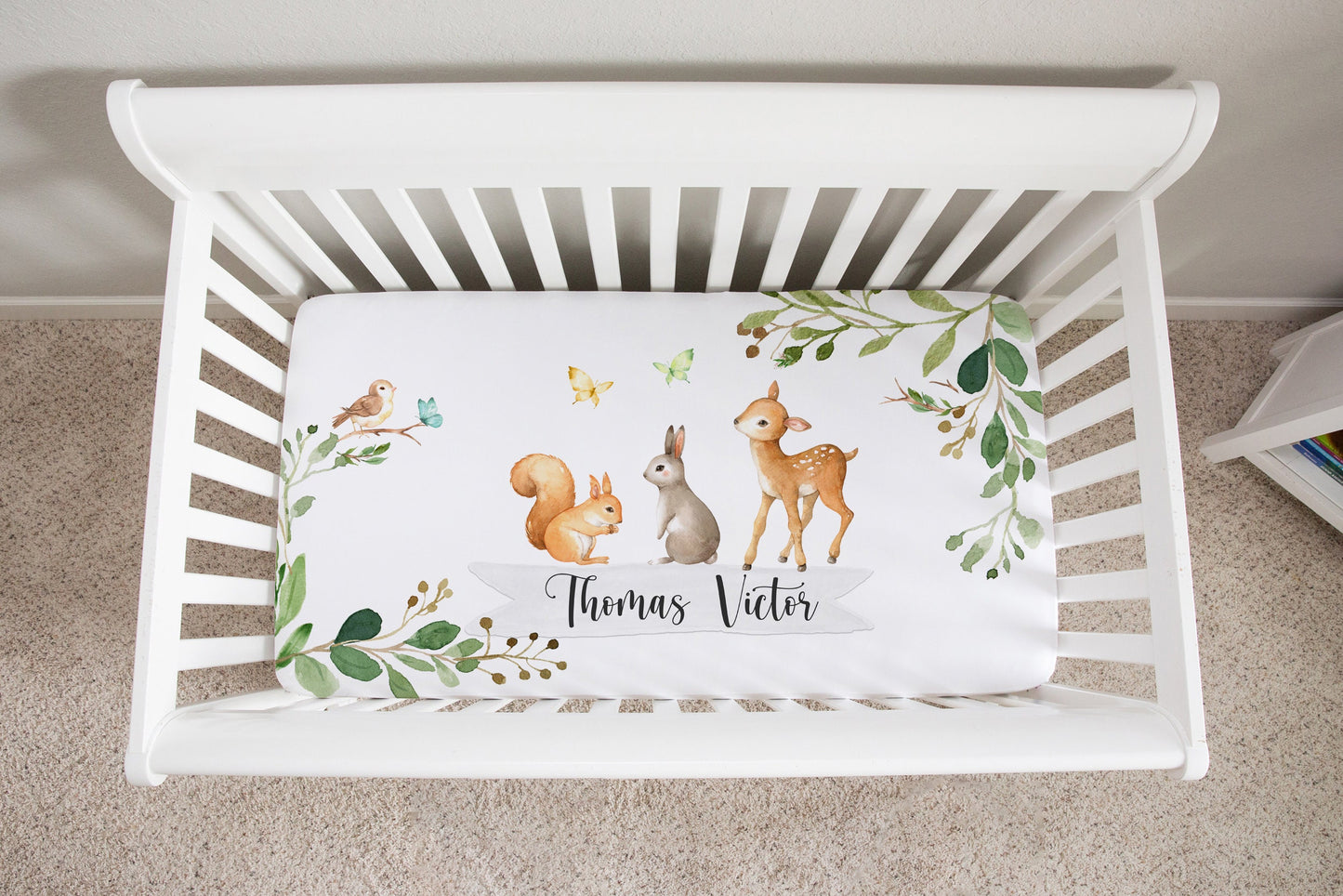 Greenery with Woodland Animals Personalized Crib Sheet for Boy