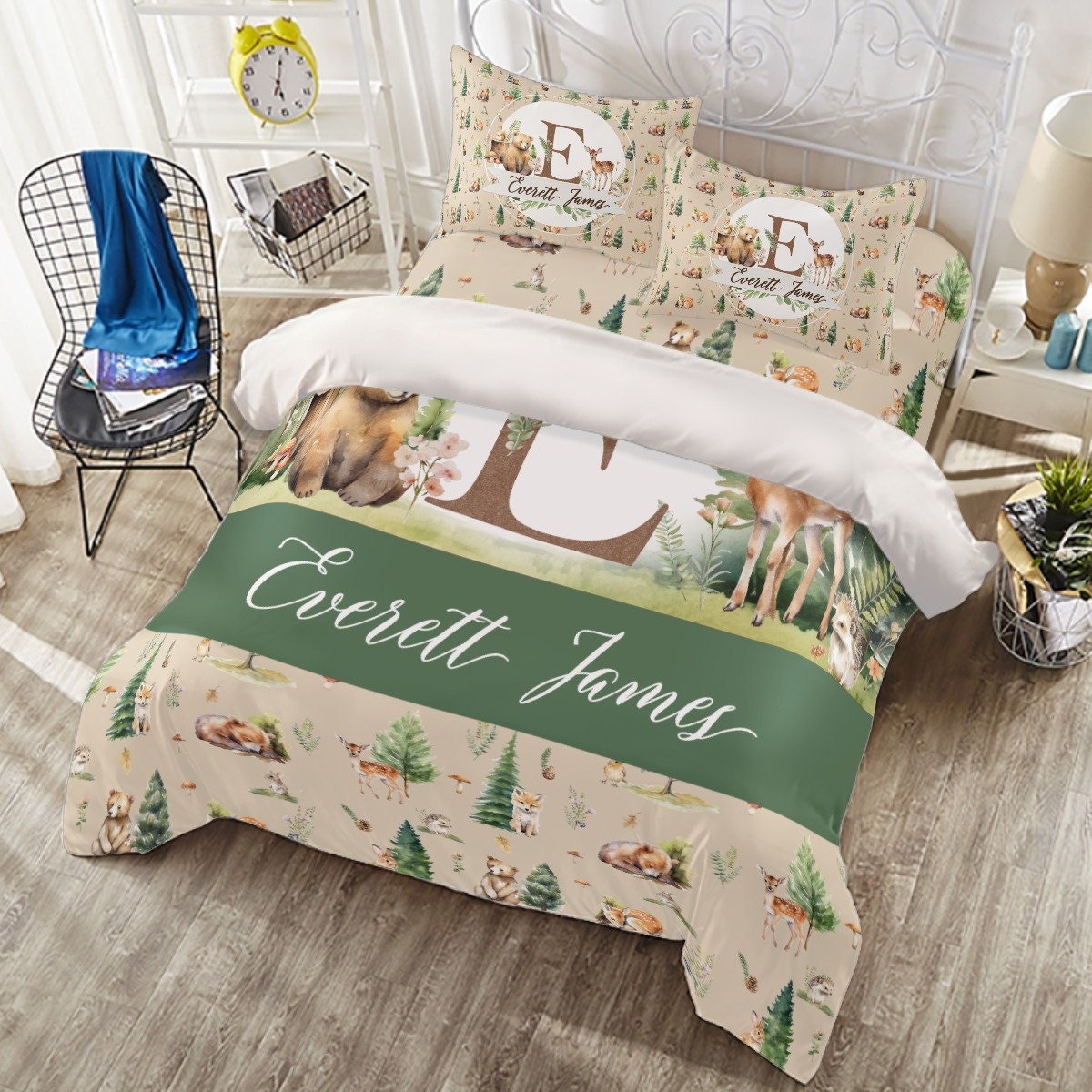 Beige Woodland Personalized Duvet Cover Set for Boy