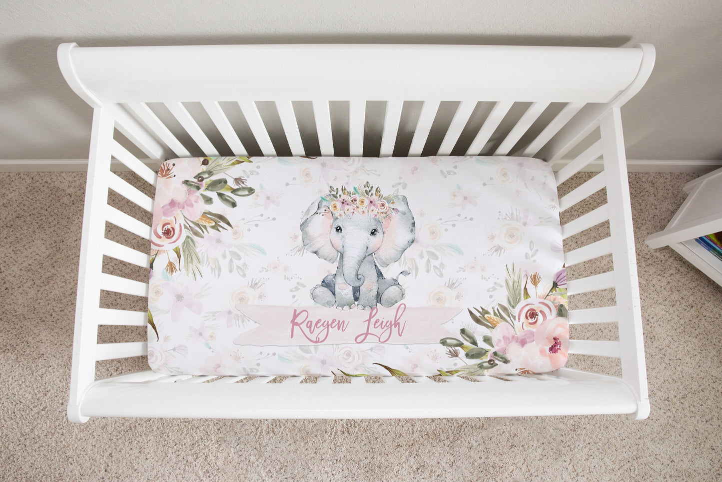 Grey Flowers with Elephant Personalized Crib Sheet for Girl