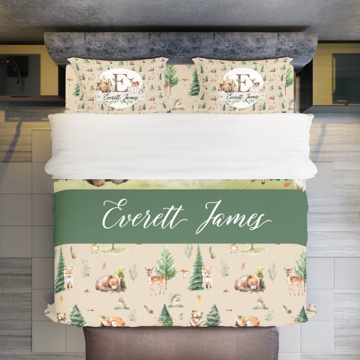 Beige Woodland Personalized Duvet Cover Set for Boy