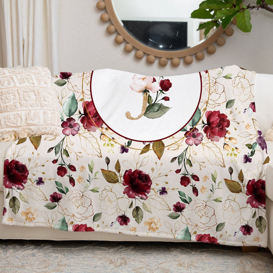 Burgundy Flowers Monogrammed Blanket for Girl