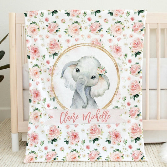 Blush Florals with Elephant in Circle Personalized Blanket for Girl