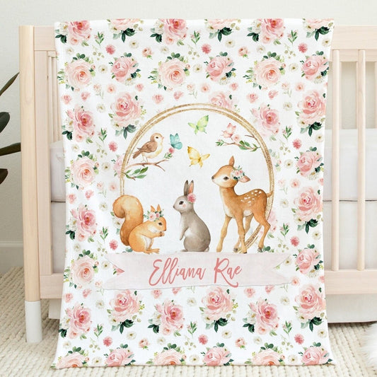 Blush Florals with Deer and Bunny Personalized Blanket for Girl