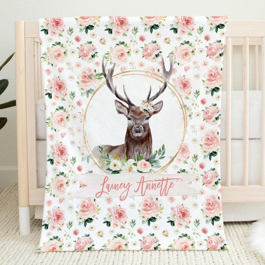 Blush Florals with Deer Personalized Blanket for Girl