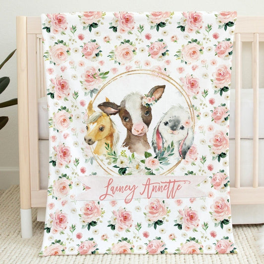 Blush Florals with Farm Animals in Circle Personalized Blanket for Girl