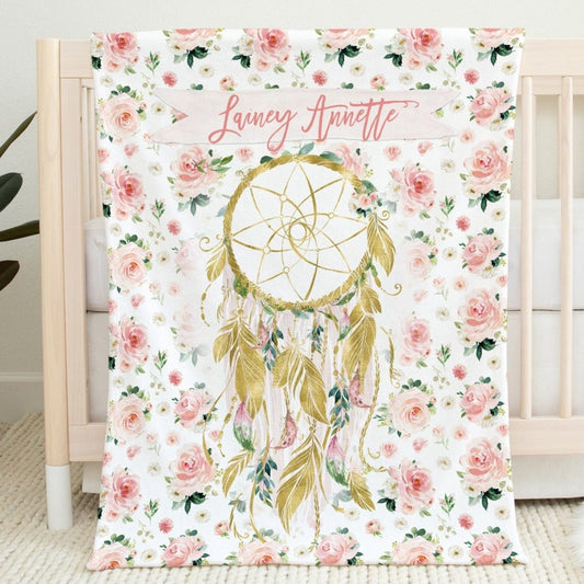 Blush Florals with Dreamcatcher Personalized Blanket for Girl