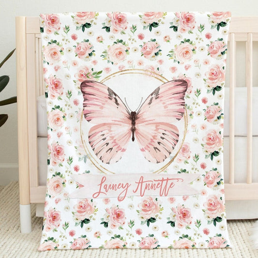Blush Florals with Butterfly Personalized Blanket for Girl
