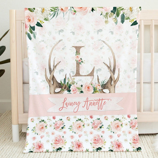 Blush Florals with Antlers Personalized Blanket for Girl