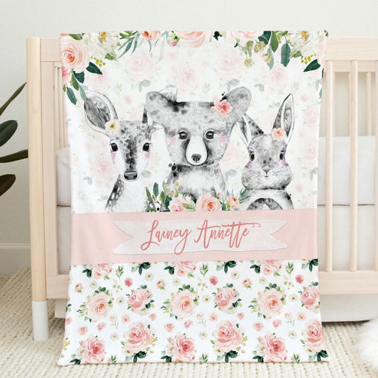 Blush Florals with Black and White Woodland Personalized Blanket for Girl