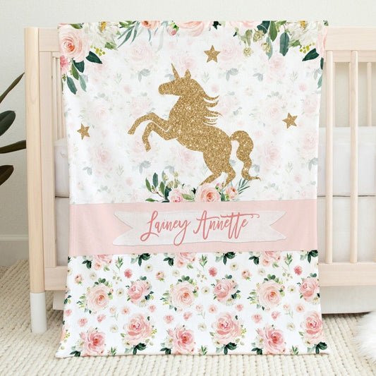 Blush Floral with Unicorn Personalized Blanket for Girl
