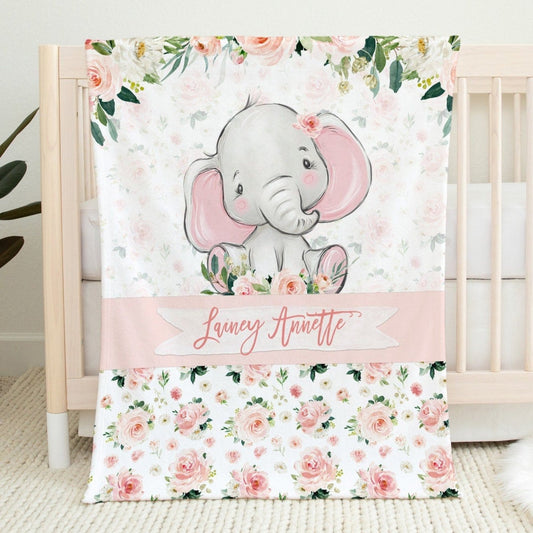 Blush Florals with Happy Elephant Personalized Blanket for Girl