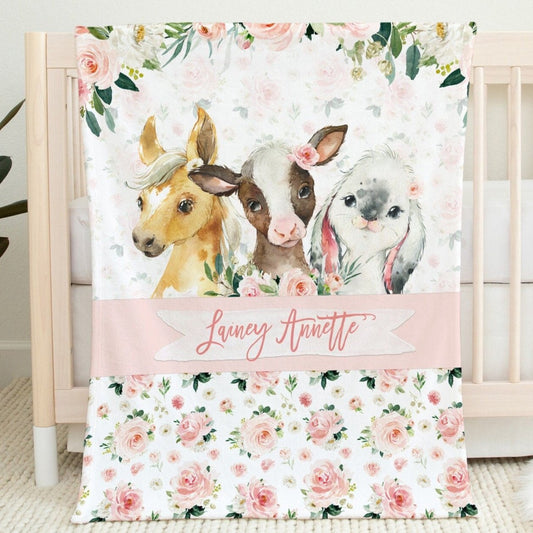 Blush Florals with Farm Animals Personalized Blanket for Girl