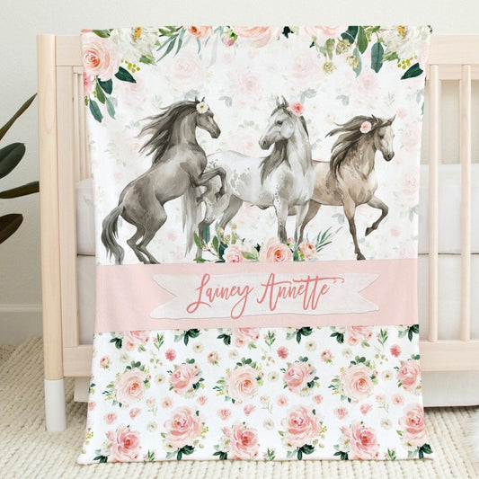 Blush Florals with Horses Personalized Blanket for Girl