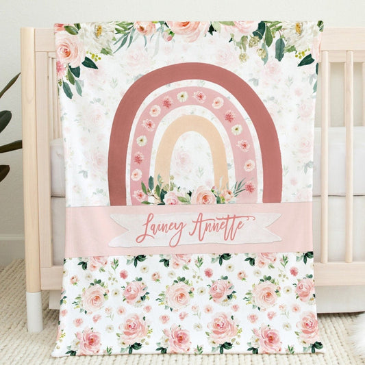 Blush Florals with Rainbow Personalized Blanket for Girl