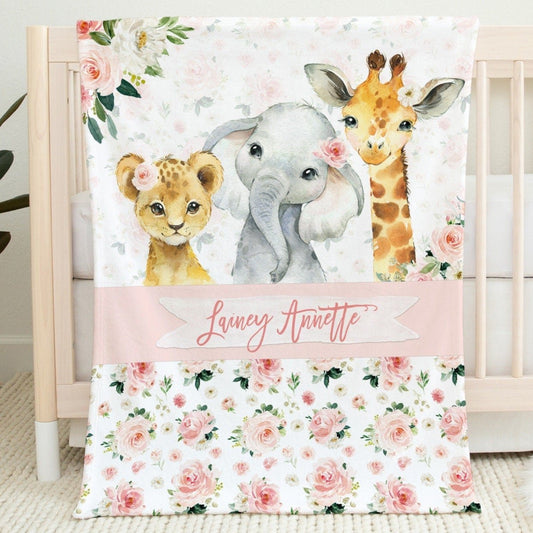 Blush Florals with Safari Animals Personalized Blanket for Girl