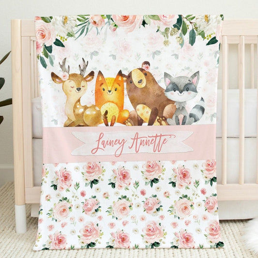 Blush Florals with Woodland Animals Personalized Blanket for Girl