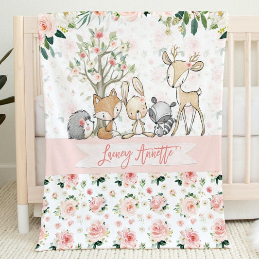 Blush Florals with Deer and Friends Personalized Blanket for Girl