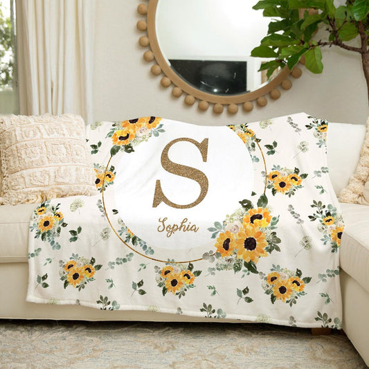 Hello Sunshine Sunflower Monogrammed Blanket for Girl