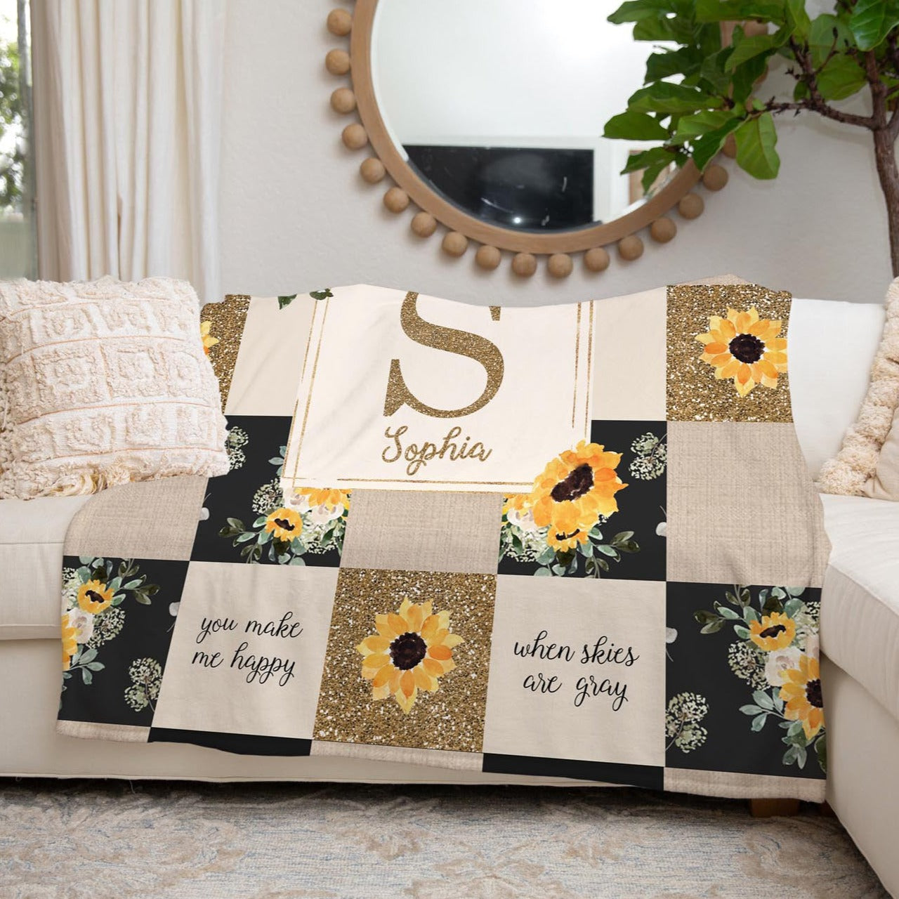 Hello Sunshine Sunflower Personalized Quilt Inspired Blanket for