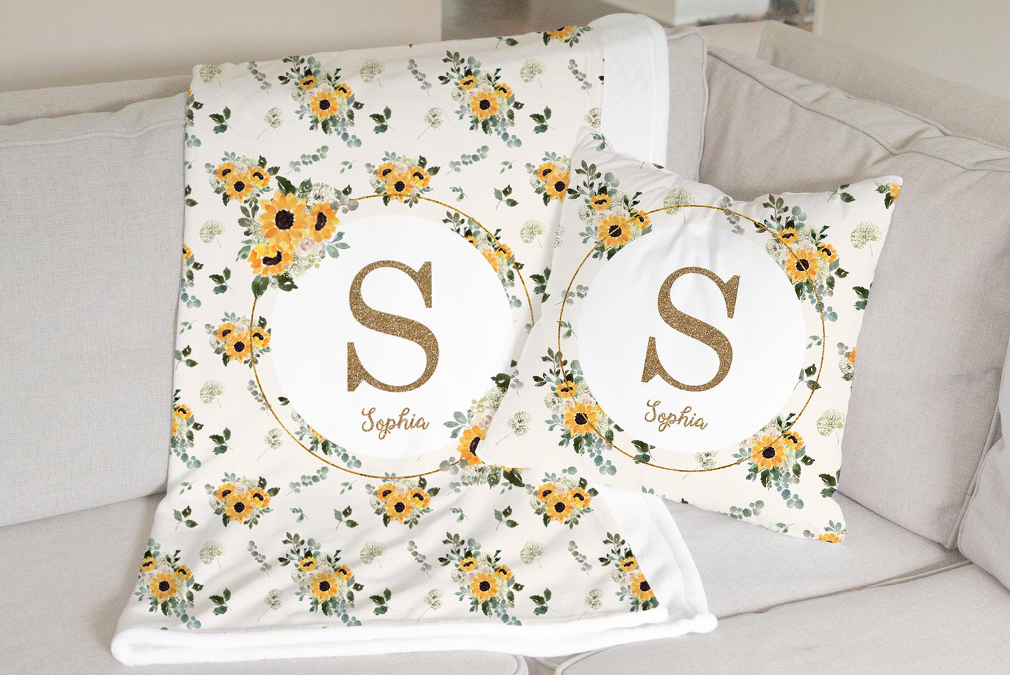 Hello Sunshine Sunflower Monogrammed Blanket for Girl