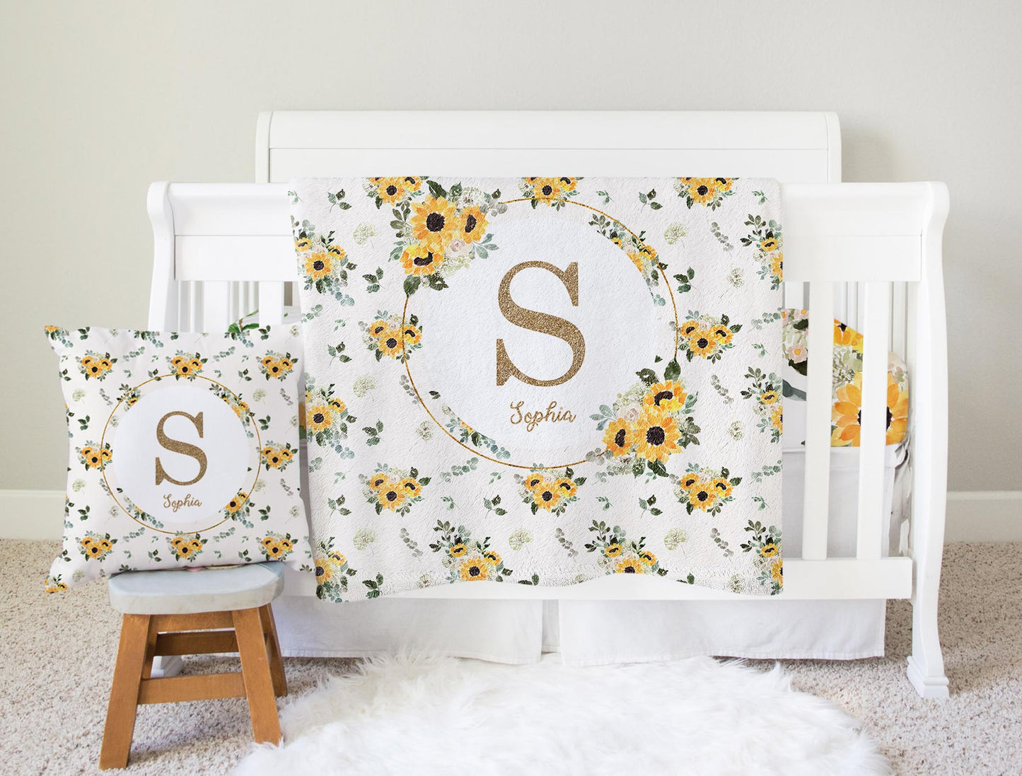 Hello Sunshine Sunflower Monogrammed Blanket for Girl