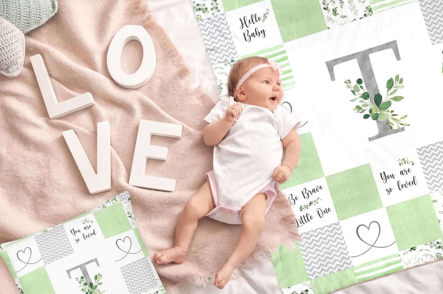 Greenery Monogrammed Quilt Inspired Blanket