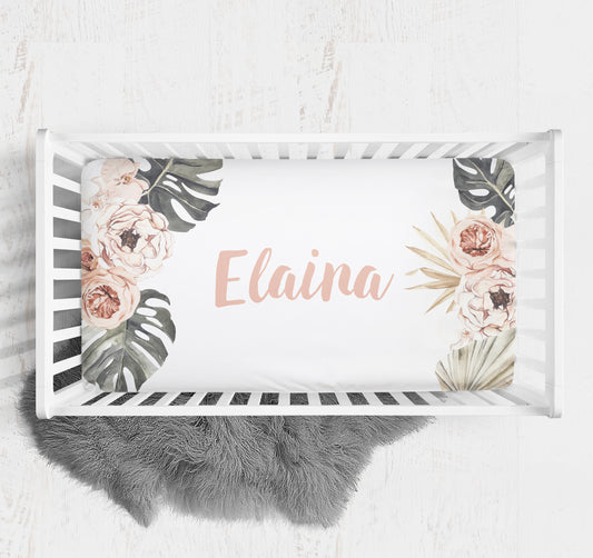 Modern Tropics Personalized Crib Sheet for Girl