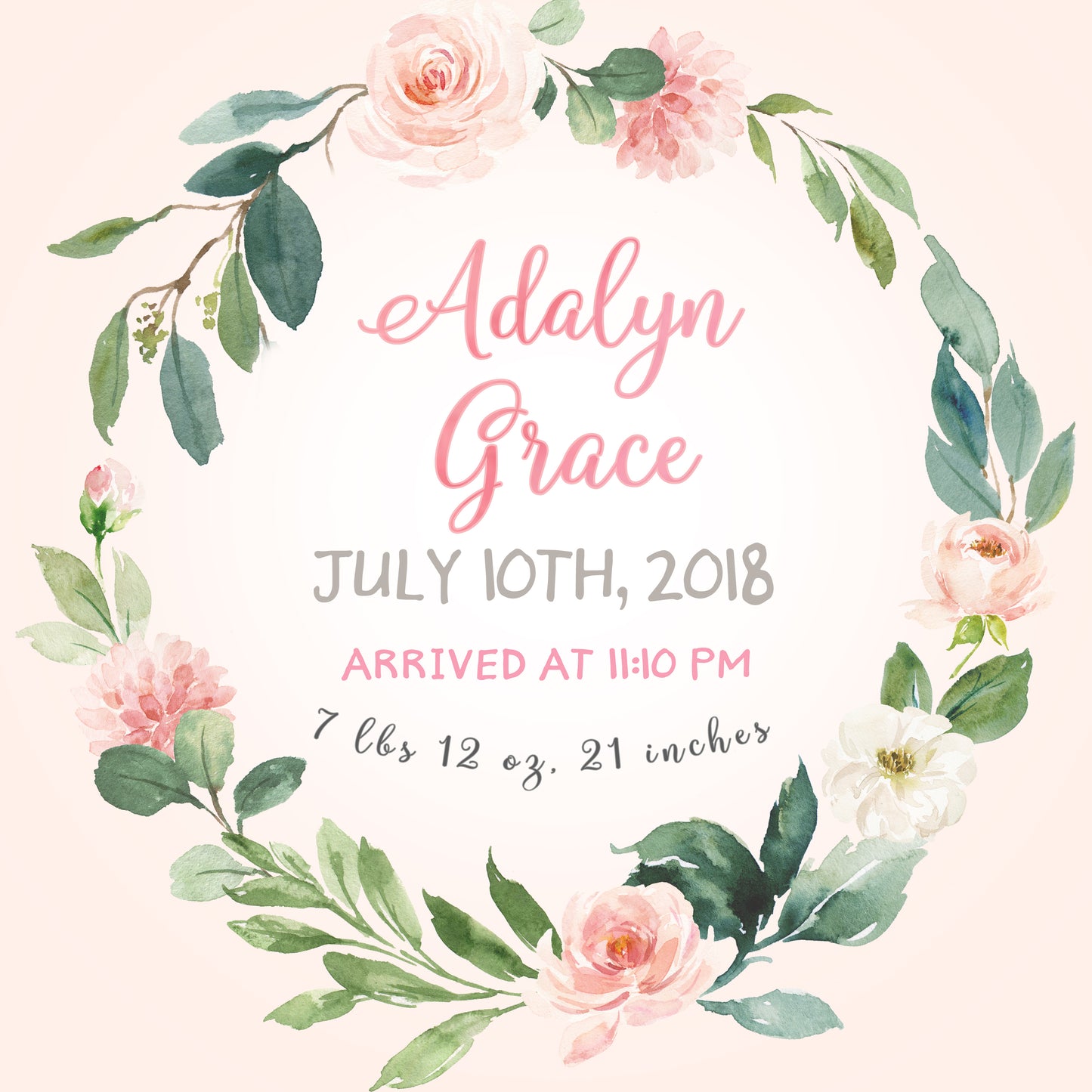 Blush Florals Birth Stats Pillow for Girl