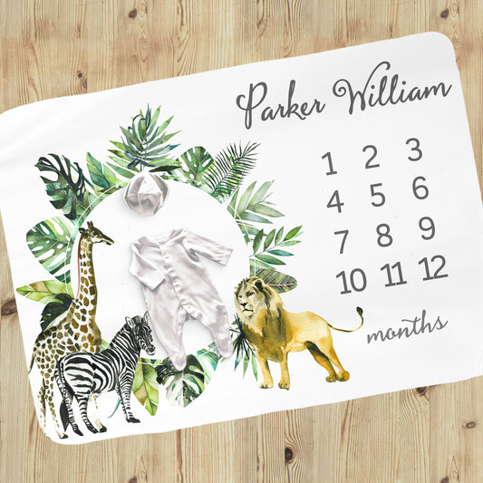 Safari Animals Milestone Baby Blanket for Boy
