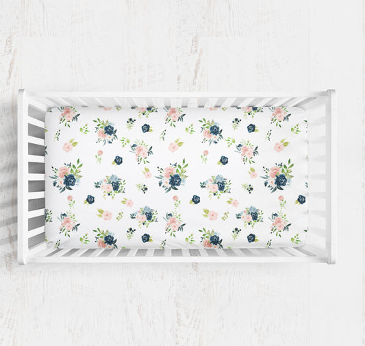 Moonlight Lullabies Blush and Navy Floral Crib Sheet for Girl