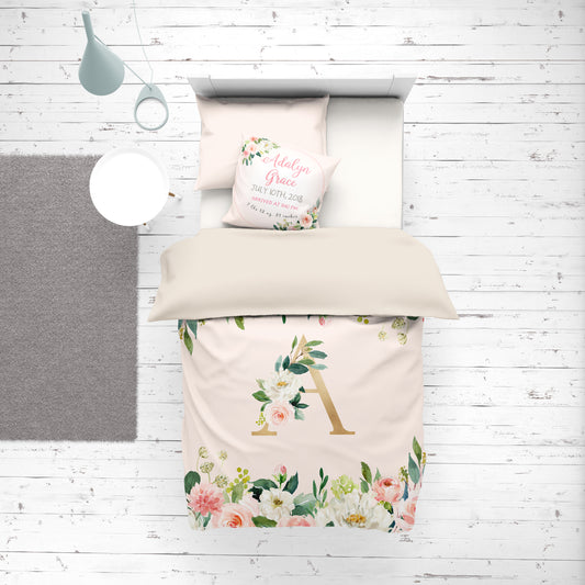 Blush Florals Monogrammed Duvet Cover for Girl