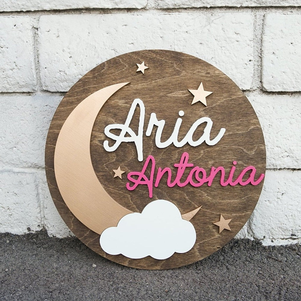 Custom Personalized Wooden Name Sign Moon and Stars