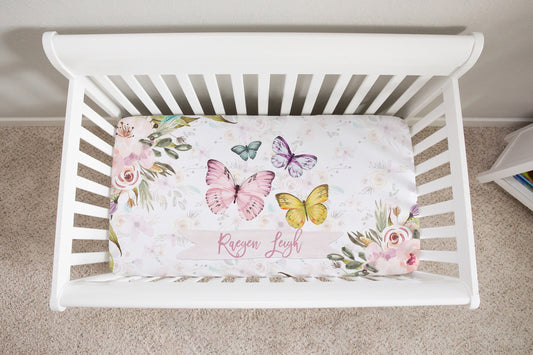 Grey Flowers with Butterflies Personalized Crib Sheet for Girl