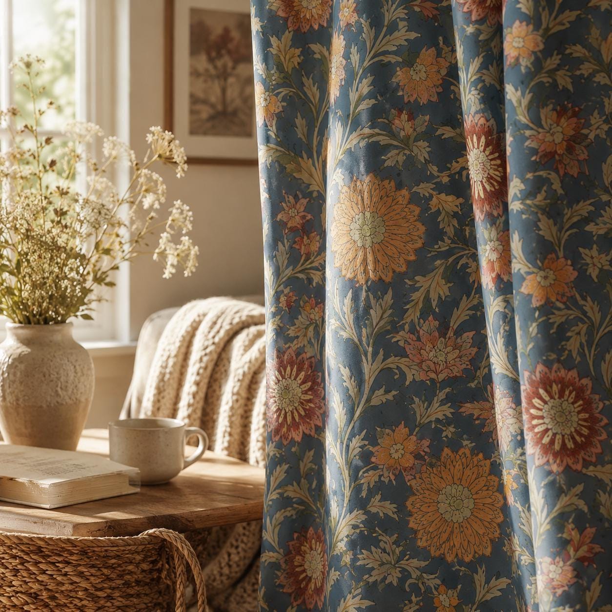 Blue Floral Curtains, Vintage Botanical Blackout Curtains