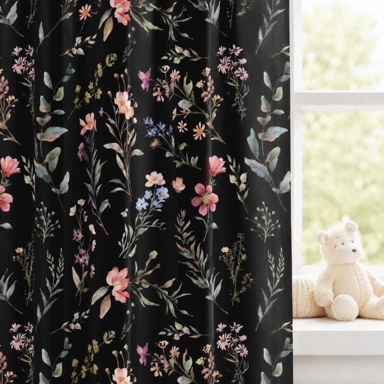 Black Floral, Moody Blackout Curtains