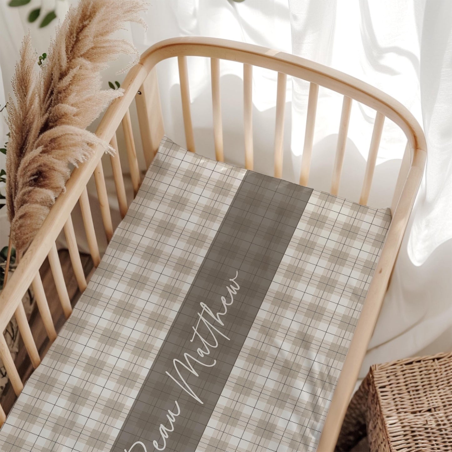 Neutral Plaid Personalized Crib Sheet for Boy