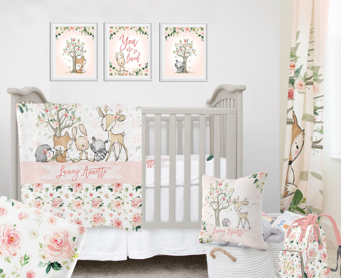 Blush Florals with Woodland Animals Personalized Crib Sheet for Girl