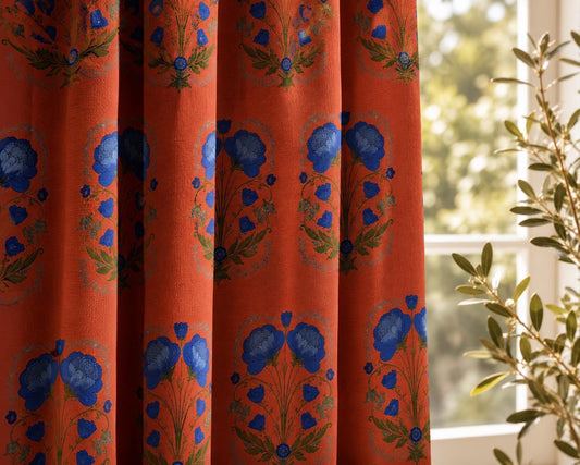 Burnt Orange Blue Floral Blackout Curtains