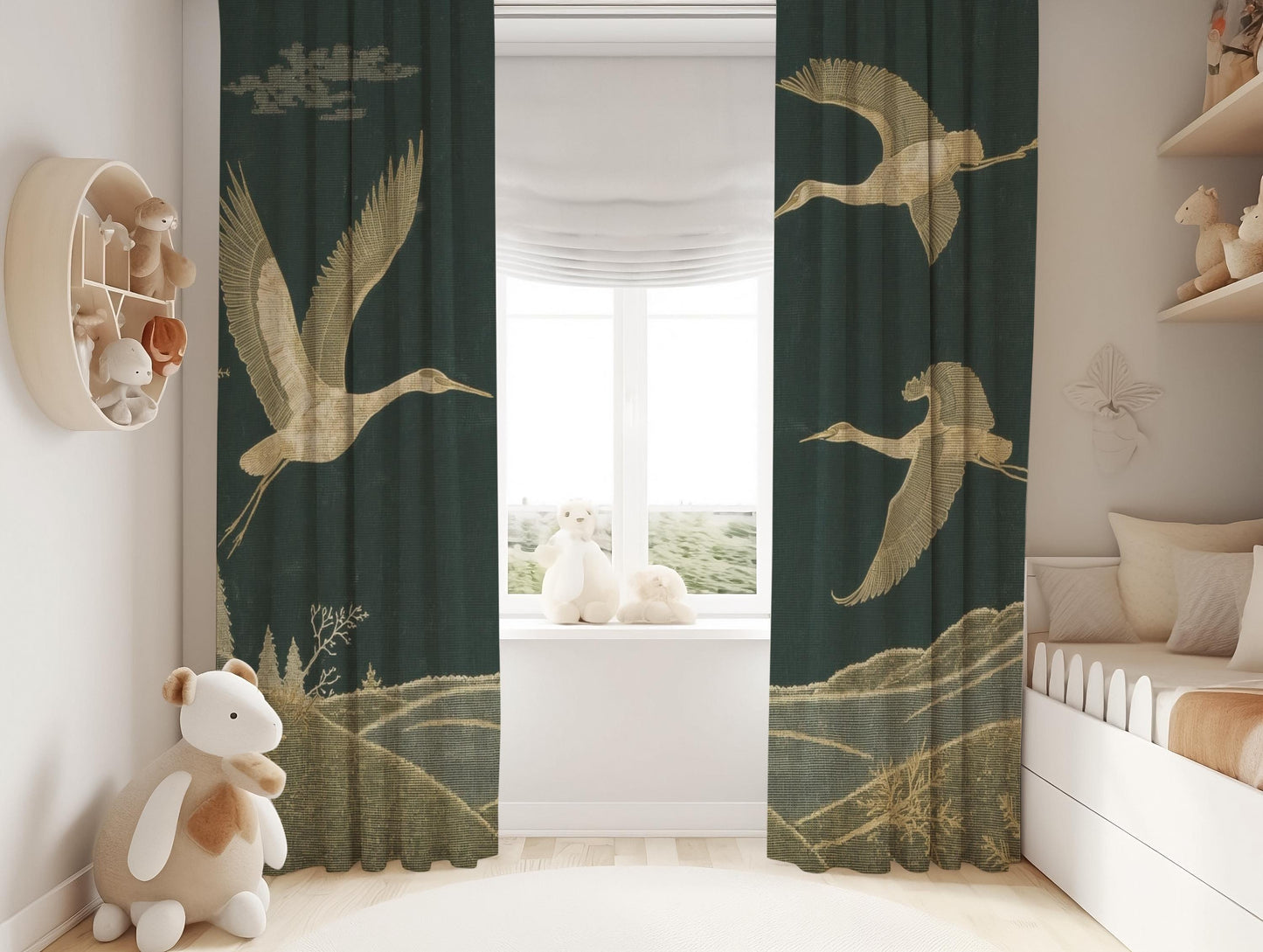 Japanese Crane, Dark Green Blackout Curtains