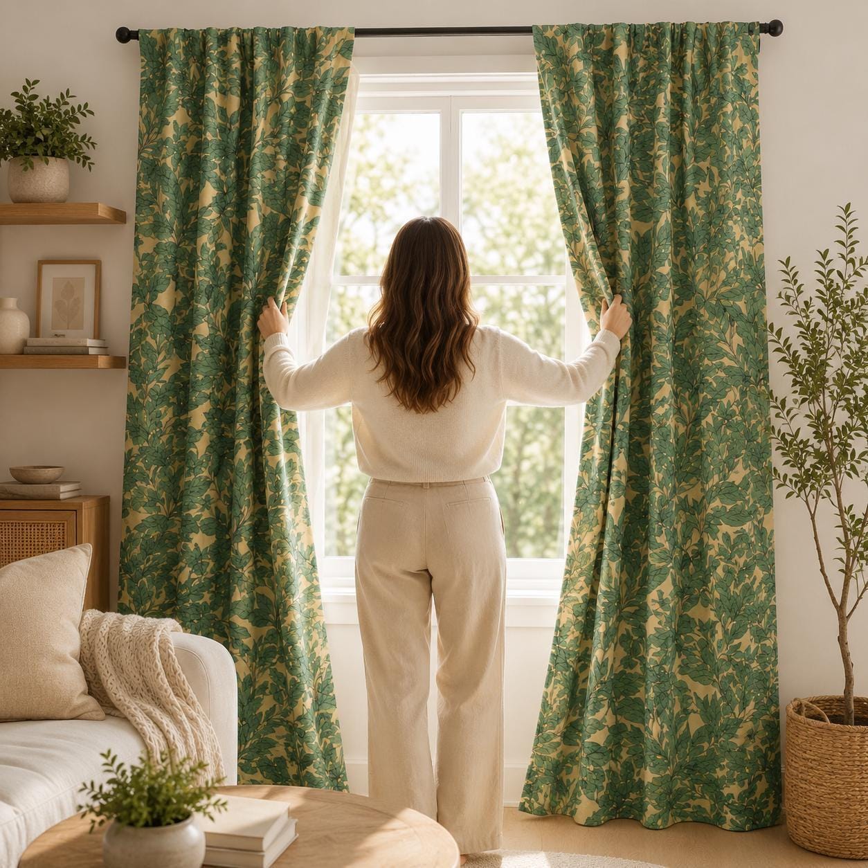 Green Botanical , Leaf Print Blackout Curtains